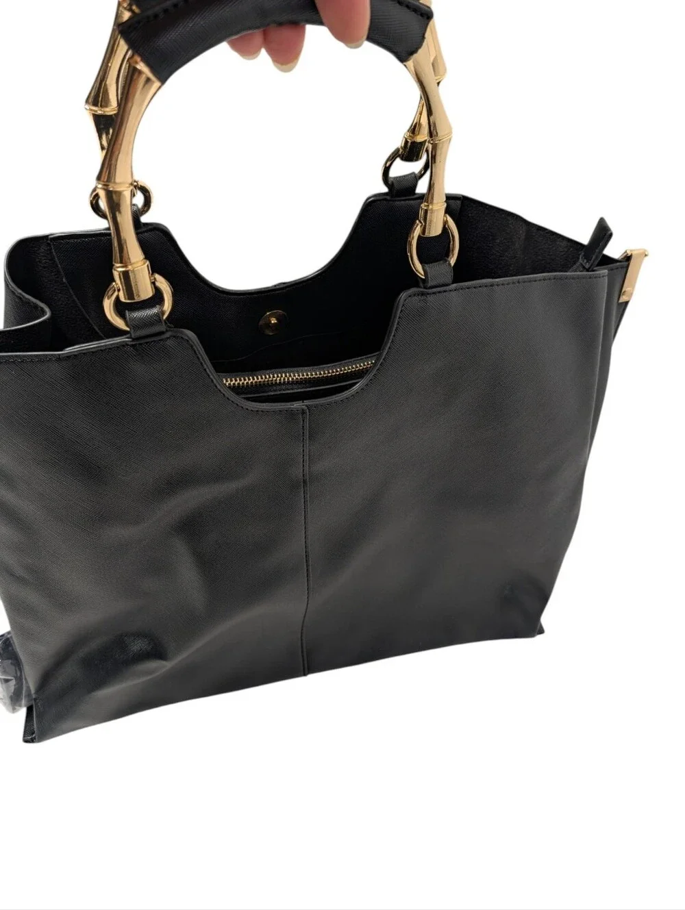 Women's Black Tote Bag Gold Bamboo Handles Structured Shoulder Bag NWOT